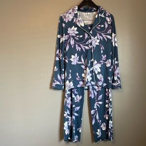 New Nordstrom Sz Small Teal Purple Floral Pajama Top & Bottom Set Tencel Modal!